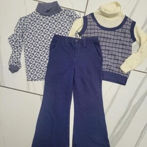 Vintage 70s / 80s blue and white vintage outfits - 2 turtlenecks, and flared